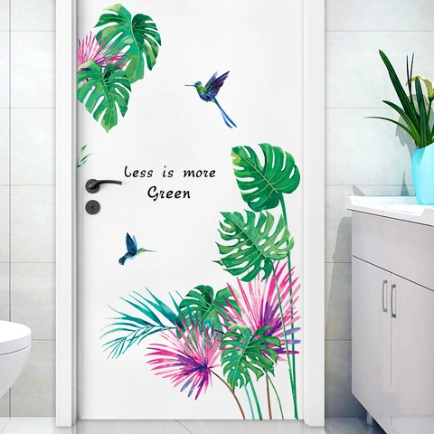 Tropical Plant Hummingbird Wall Stickers Watercolor Monstera Palm Leaf Less Is More Green PVC Waterproof Wall Decals