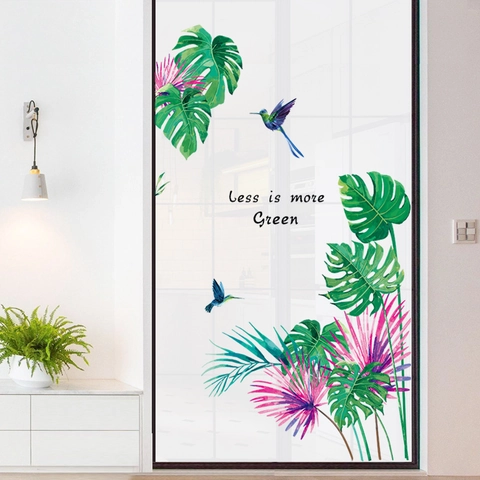 Tropical Plant Hummingbird Wall Stickers Watercolor Monstera Palm Leaf Less Is More Green PVC Waterproof Wall Decals
