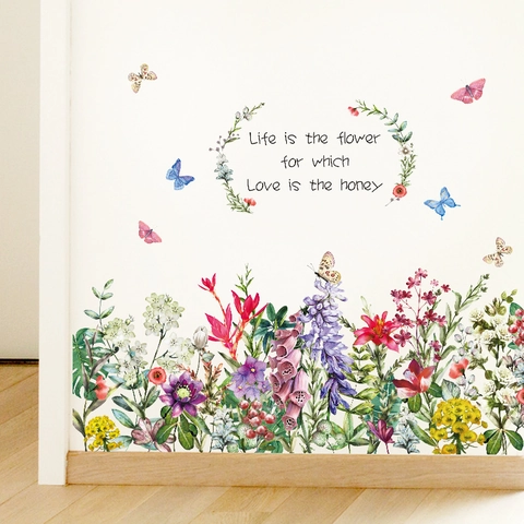 Blumen Schmetterling Wandaufkleber Zitat Life Is The Flower Wasserdicht PVC Wandtattoo Für Wohnzimmer Schlafzimmer Wanddeko