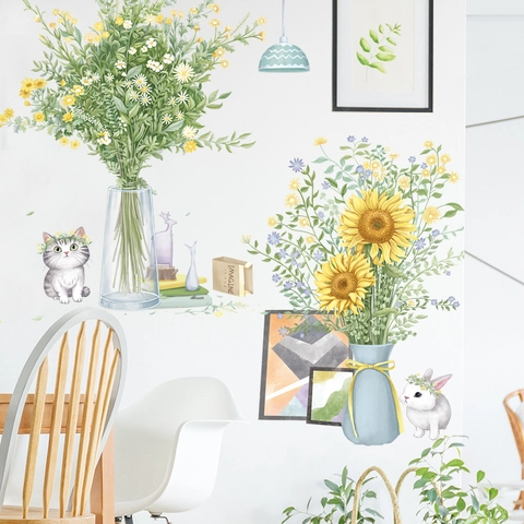 Pastorale Vaso di Girasole Adesivo Murale Cartone Animato Gatto Coniglio Motivo Floreale PVC Impermeabile Decorazione per Soggiorno