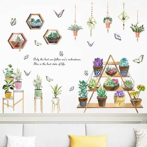 Adesivi Murali Nordici con Piante Verdi in Acquerello Succulente Farfalle con Citazione Ispiratrice PVC Impermeabile Rimovibile Decalcomania per Soggiorno Camera da Letto Armadio Decorazione Casa