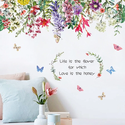 Blumen Schmetterling Wandaufkleber Zitat Life Is The Flower Wasserdicht PVC Wandtattoo Für Wohnzimmer Schlafzimmer Wanddeko