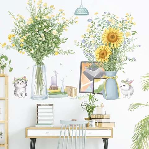 Pastorale Vaso di Girasole Adesivo Murale Cartone Animato Gatto Coniglio Motivo Floreale PVC Impermeabile Decorazione per Soggiorno