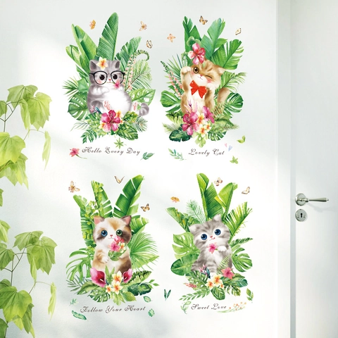 Lindos Pegatinas De Pared Gato De Dibujos Animados Plantas Tropicales Para Habitación De Niños PVC Impermeable Decoración