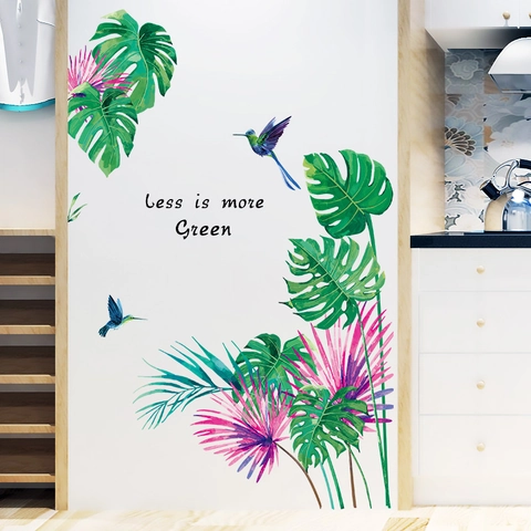 Stickers Muraux Plantes Tropicales Colibri Aquarelle Monstera Feuille de Palmier Less Is More Green PVC Imperméable