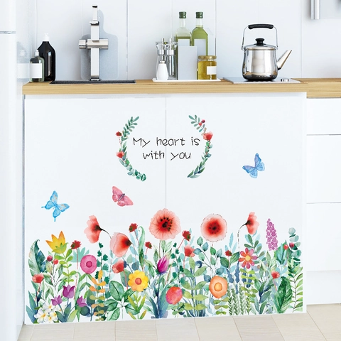 Adesivi Murali PVC con Fiori e Farfalle Acquerello Adesivi Removibili Margherita per Decorazione Camera da Letto Soggiorno