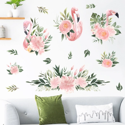 Modern Flamingo Tropical Plant Wall Sticker Watercolor PVC Floral Leaf Decal For Living Room Bedroom Home Wall Decoration