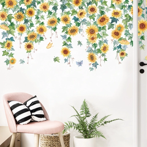 Pegatinas de Pared de Girasoles Impermeables PVC Removibles Enredadera de Flores Calcomanías para Dormitorio Sala de Estar Pasillo