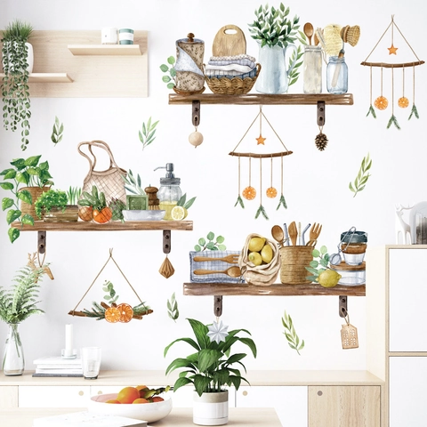 Nordic Watercolor Potted Plants Shelf Wall Stickers PVC Botanical Green Leaf Lemon Removable Wall Decals For Kitchen Living Room Decor