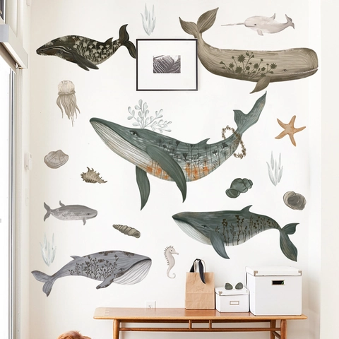 Adesivi Murali Balena ad Acquerello per Cameretta Bambini Animali Oceanici Motivo Floreale PVC Impermeabile Murales DIY
