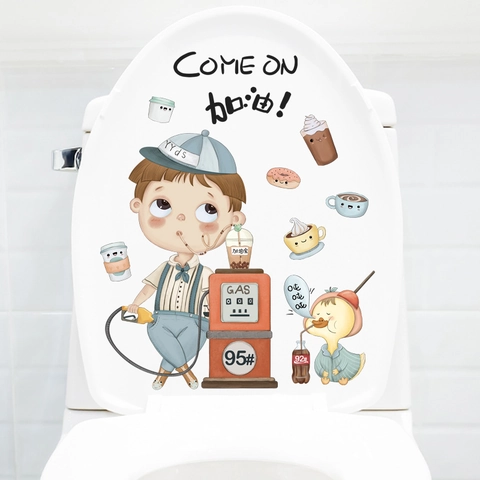 Schattige Cartoon Jongen Eendje Toiletdeksel Sticker Waterdicht PVC Badkamer Decoratie Zelfklevend DIY Muursticker