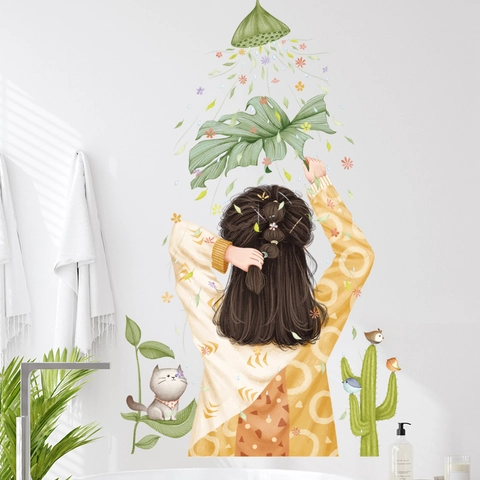 Süßer Mädchen Rückansicht Wandaufkleber Mit Katze Kaktus Wasserdicht PVC Deko Wandtattoo Für Mädchenzimmer Badezimmer Schlafzimmer