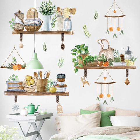 Nordic Watercolor Potted Plants Shelf Wall Stickers PVC Botanical Green Leaf Lemon Removable Wall Decals For Kitchen Living Room Decor