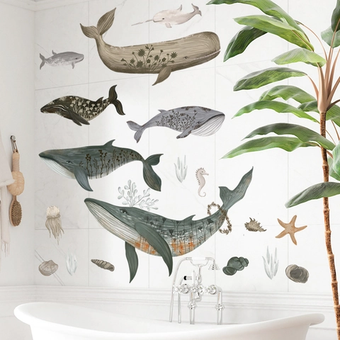 Adesivi Murali Balena ad Acquerello per Cameretta Bambini Animali Oceanici Motivo Floreale PVC Impermeabile Murales DIY