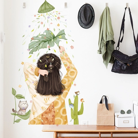 Süßer Mädchen Rückansicht Wandaufkleber Mit Katze Kaktus Wasserdicht PVC Deko Wandtattoo Für Mädchenzimmer Badezimmer Schlafzimmer