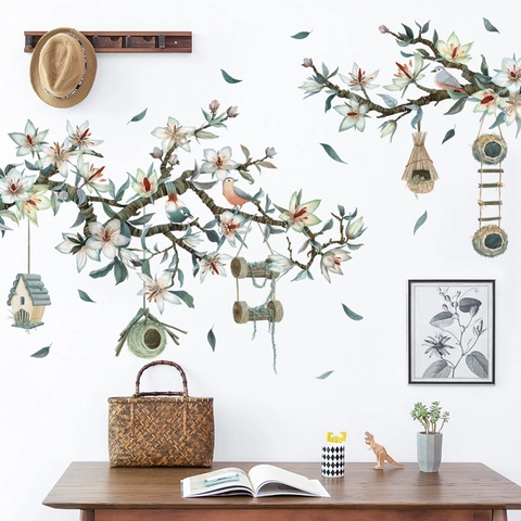 Fresco Adesivo Murale con Fiore di Magnolia e Uccelli PVC Impermeabile Autoadesivo Murale per Soggiorno Camera da Letto Casa Parete Decor