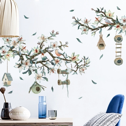 Fresco Adesivo Murale con Fiore di Magnolia e Uccelli PVC Impermeabile Autoadesivo Murale per Soggiorno Camera da Letto Casa Parete Decor
