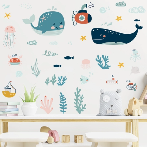 Pegatinas de Pared de Submarino de Ballena del Océano de Dibujos Animados Calcomanías de Vida Marina de PVC para Niños