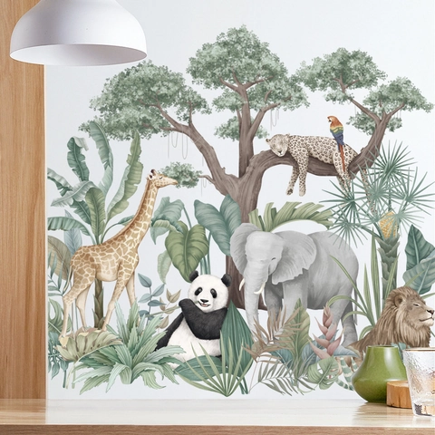 Tropischer Regenwald Tiere Wandaufkleber Elefant Giraffe Löwe Panda Muster PVC Wasserdicht DIY Wandtattoos Für Kinderzimmer Dekoration