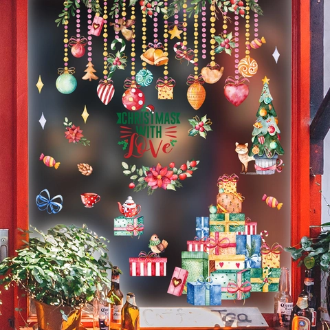 Pegatinas de Ventana de Navidad de Acuarela Árbol de Navidad Caja de Regalo Zorro Impermeable PVC Calcomanías de Pared Decoración