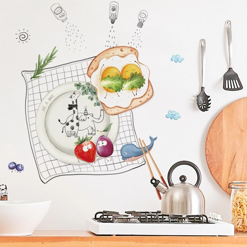 Pegatinas de Pared de Cocina de Dibujos Animados Lindos Tostadas Huevos Patrón Animal PVC Calcomanías Impermeables Extraíbles