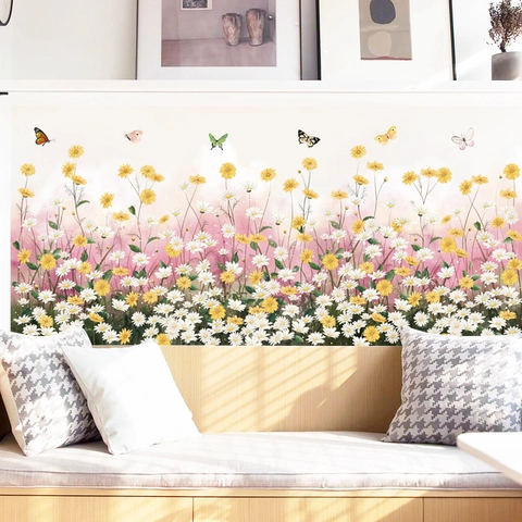 Daisy Flower Wall Sticker PVC Waterproof Removable Wallpaper With Butterfly Pattern For Bedroom Living Room Background Decor