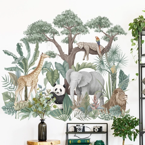 Tropischer Regenwald Tiere Wandaufkleber Elefant Giraffe Löwe Panda Muster PVC Wasserdicht DIY Wandtattoos Für Kinderzimmer Dekoration
