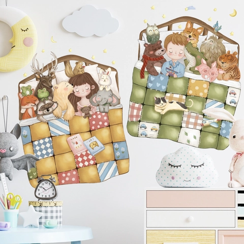 Cute Cartoon Sleeping Kids Animal Wall Stickers PVC Removable Waterproof Self-Adhesive Nursery Bedroom Home Decoration Decal