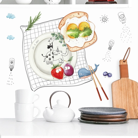 Pegatinas de Pared de Cocina de Dibujos Animados Lindos Tostadas Huevos Patrón Animal PVC Calcomanías Impermeables Extraíbles