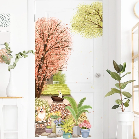 Adesivi Murali Albero di Ciliegio Cane Cartone Animato Piante in Vaso PVC Impermeabile DIY Giardino Decalcomania Casa