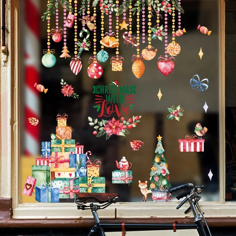 Pegatinas de Ventana de Navidad de Acuarela Árbol de Navidad Caja de Regalo Zorro Impermeable PVC Calcomanías de Pared Decoración