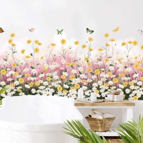 Daisy Flower Wall Sticker PVC Waterproof Removable Wallpaper With Butterfly Pattern For Bedroom Living Room Background Decor