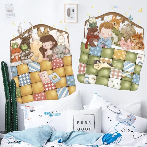 Cute Cartoon Sleeping Kids Animal Wall Stickers PVC Removable Waterproof Self-Adhesive Nursery Bedroom Home Decoration Decal