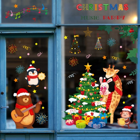Adesivi per Finestre Natalizi con Animali dei Cartoni Animati PVC Statici Decalcomanie Babbo Natale Albero Orso Decorazione
