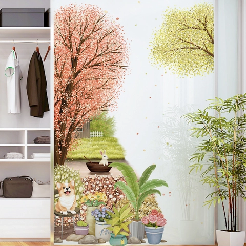 Adesivi Murali Albero di Ciliegio Cane Cartone Animato Piante in Vaso PVC Impermeabile DIY Giardino Decalcomania Casa
