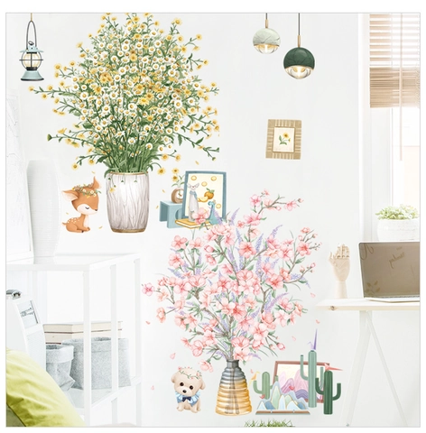 Watercolor Potted Green Plants Flower Vases Cartoon Animal Removable PVC Wall Stickers For Living Room Bedroom Background Decor