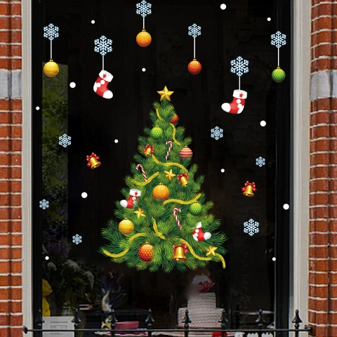 Adesivi per Finestre di Natale in PVC Adesione Statica Albero di Natale Fiocchi di Neve Decalcomanie per Vetro Casa Decorazione