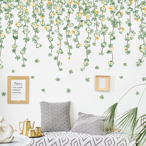 Nordisch Frische Gänseblümchen Kleeblatt Rebe Wandaufkleber Für Wohnzimmer Schlafzimmer Home Decor PVC Wasserdicht Blumen Pflanzen Wandtattoos