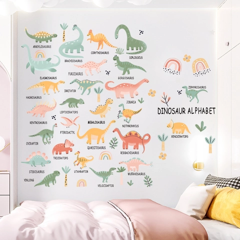 Cartoon Dinosaur Alphabet Wall Stickers For Kids Room Nursery Decor Waterproof PVC Dinosaur Educational Wall Decals