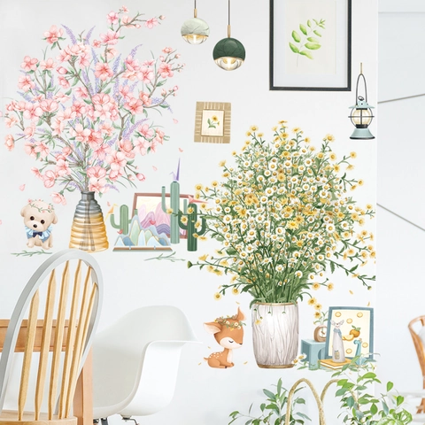 Stickers Muraux Aquarelle Pastorale Fleurs Botaniques Avec Animaux Dessin Animé Cerf Chiot Cactus Lampe Décor DIY Sticker PVC