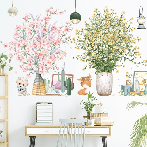 Stickers Muraux Aquarelle Pastorale Fleurs Botaniques Avec Animaux Dessin Animé Cerf Chiot Cactus Lampe Décor DIY Sticker PVC