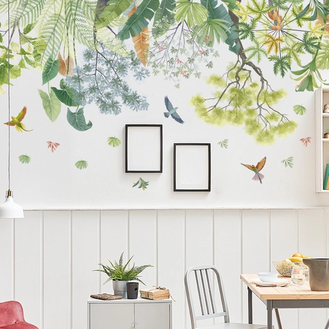 Tropische Grüne Pflanzenblätter Und Vögel PVC Wandaufkleber Wasserdicht Abnehmbar Selbstklebend Für Wohnzimmer Schlafzimmer Home Dekor