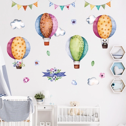 Watercolor Hot Air Balloon Wall Sticker PVC Removable Cartoon Cloud Bunting Decal For Kids Room Nursery Bedroom Decor