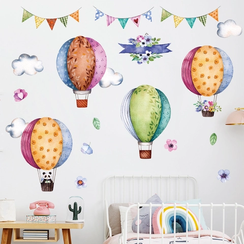 Watercolor Hot Air Balloon Wall Sticker PVC Removable Cartoon Cloud Bunting Decal For Kids Room Nursery Bedroom Decor
