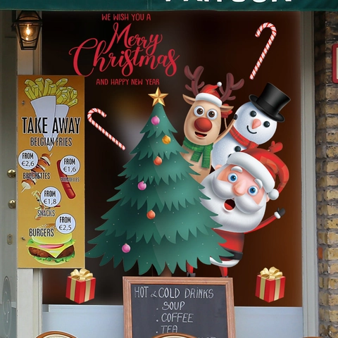 Christmas Window Stickers Santa Claus Reindeer Snowman Wall Decals PVC Self Adhesive Festive Glass Decoration For Shop Home