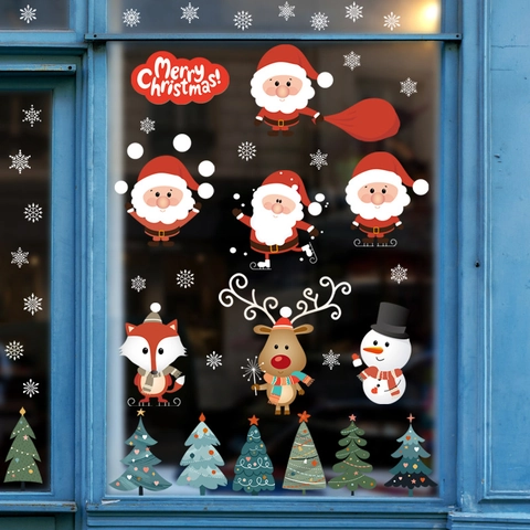 Pegatinas de Ventana de Navidad Papá Noel Dibujos Animados Reno Árbol PVC Impermeable Calcomanía Vidrio para Fiesta Hogar