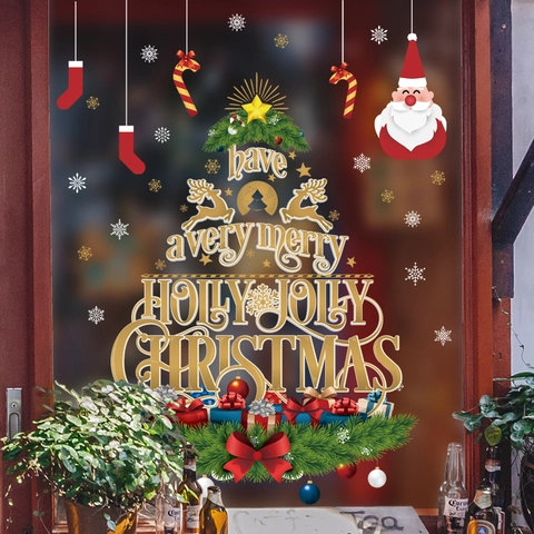Weihnachtsbaum Wandaufkleber PVC Wasserdicht Fensteraufkleber Weihnachtsmann Rentier Schneeflocken Gold Schriftzug Glas Dekor