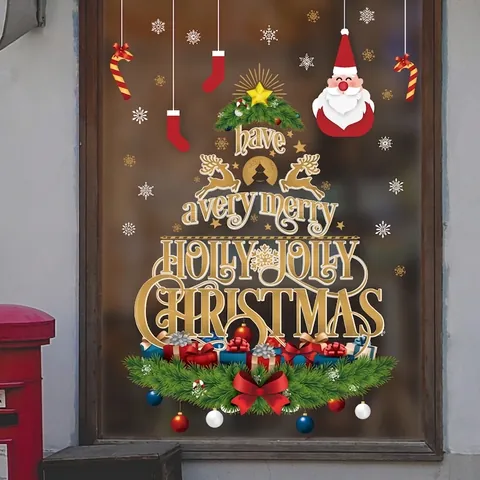 Weihnachtsbaum Wandaufkleber PVC Wasserdicht Fensteraufkleber Weihnachtsmann Rentier Schneeflocken Gold Schriftzug Glas Dekor