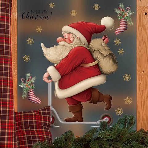 Cartoon Weihnachten Weihnachtsmann Auf Roller Fensteraufkleber Abnehmbare PVC Wandtattoos Für Einkaufszentrum Schaufenster Deko