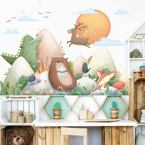 Adesivi Murali Animali Foresta Cartone Animato PVC Montagna Luna Renna Orso Volpe DIY Decalcomanie per Cameretta Bambini Asilo Camera Letto